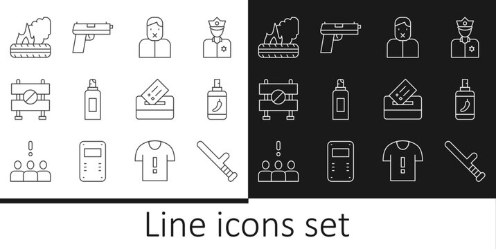 Set line Police rubber baton, Pepper spray, Censor and freedom of speech, Paint can, Road barrier, Lying burning tires, Vote box and Pistol gun icon. Vector