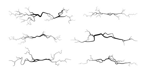 Obraz premium Crack on concrete or ground due to aging or drought. Set of fissures isolated in white background. Monochrome vector illustration