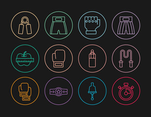 Set line Stopwatch, Jump rope, MMA glove, Boxing, Apple and measuring tape, Sport expander, Punching bag and short icon. Vector