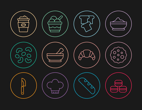 Set line Macaron cookie, Cookie or biscuit, Bread toast, Mortar and pestle, Jelly candy, Coffee cup go, Croissant and Ice cream in bowl icon. Vector