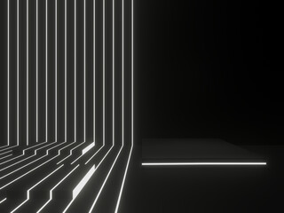 Naklejka premium Black geometric stage with white neon lights. Dark background.