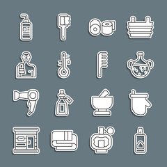 Set line Spray can for hairspray, Sauna mittens, Essential oil bottle, Toilet paper roll, thermometer, Man in sauna, Cream lotion cosmetic tube and Hairbrush icon. Vector