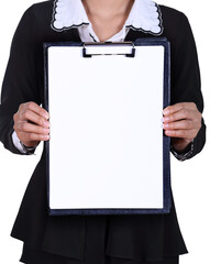 close-up business woman holding a blank clipboard