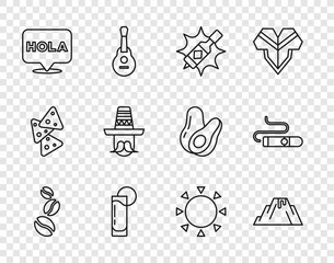 Set line Coffee beans, Volcano eruption with lava, Tabasco sauce, Tequila glass lemon, Hola, Mexican man sombrero, Sun and Cigar icon. Vector © vector_v