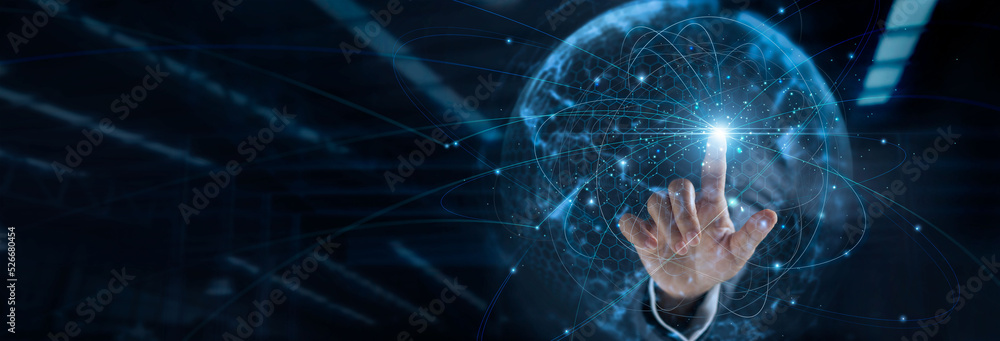 Poster Hand touching global network connection and data exchanges, technology structure. Innovation networking on dark background