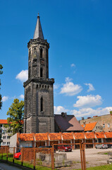 Tower of the Evangelical church. Lwowek Slaski, Lower Silesian Voivodeship, Poland.