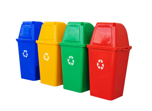 four colorful recycle bins
