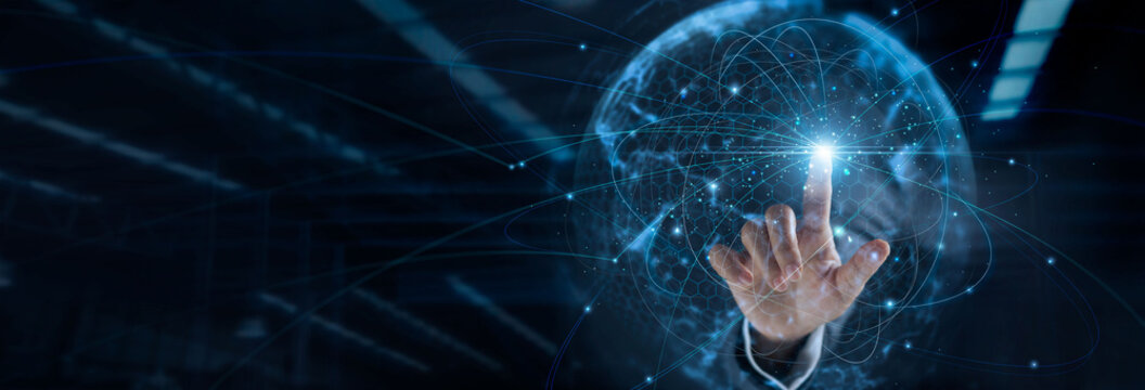 Hand touching global network connection and data exchanges, technology structure. Innovation networking on dark background