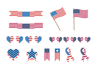 Independence Day United States icons. USA flag illustration, sign or symbol, badges. Labor Day, traditional patriotic US icons for American national holiday. Patriot day USA set.