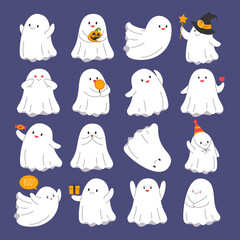 Cute halloween ghosts set. Vector isolated illustration of funny, adorable ghost, symbol of October holiday Halloween. Fantasy monster saying Boo. Smiling creature.