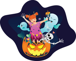 Halloween Little Witch With Ghosts Vector Illustration