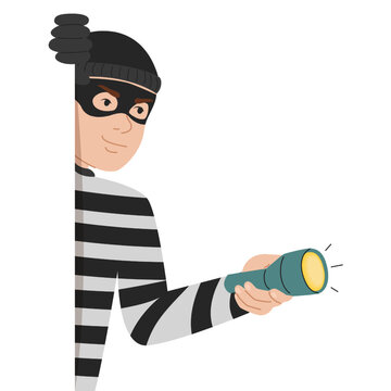 Criminal looking out of corner vector isolated. Illustration of a thief hiding behind the wall. Dangerous character in mask holding flashlight.