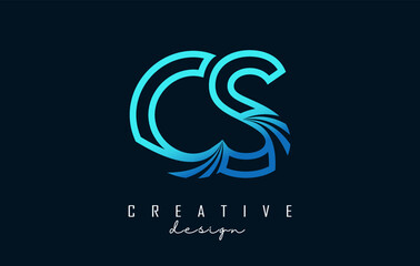 Obraz premium Outline blue letters CS c s logo with leading lines and road concept design. Letters with geometric design.