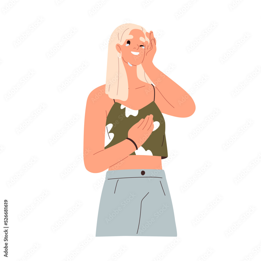 Sticker Happy woman crying, laughing from happiness. Smiling touched moved girl wiping falling teardrops, tears of joy from face with joyful emotion. Flat vector illustration isolated on white background