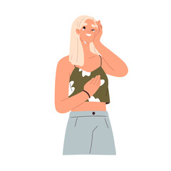 Happy woman crying, laughing from happiness. Smiling touched moved girl wiping falling teardrops, tears of joy from face with joyful emotion. Flat vector illustration isolated on white background