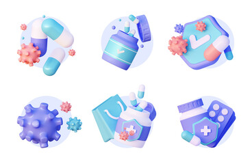  Set of medical preparations. Icon Protection against viruses and bacteria. Tablets with virus molecules and a white open and closed Pharmacy bottle  3d rendering
