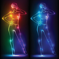 Fashion woman. Female model. Hand drawn fashion lady. Banner with neon silhouette of sexy woman figure, beautiful silhouettes, nightclub, striptease, sex shop advertisement, vector illustration - 526682093