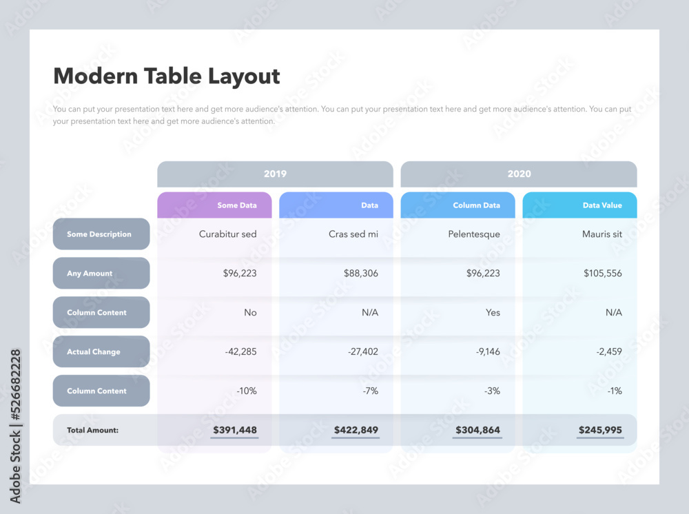 Poster Modern table layout template with a total amount row. Easy to use for your website or presentation.