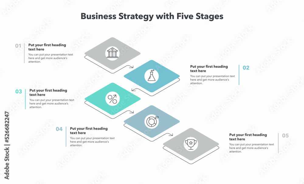 Poster business strategy template with five stages and place for your content. flat infographic design.