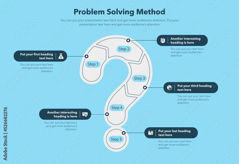 Aufkleber Problem solving process template with five steps and question mark as a main symbol - blue version.