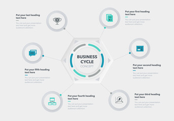 Business cycle template with six stages. Easy to use for your business presentation.