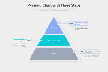 Pyramid graph template with three colorful steps. Slide for business presentation.