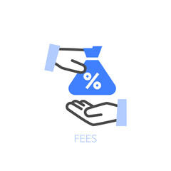 Simple visualised fees icon symbol with two hands and a bag of money.