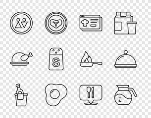 Set line Champagne in an ice bucket, Coffee pot, Online ordering and delivery, Scrambled eggs, Toilet, Salt, Cafe restaurant location and Covered with tray icon. Vector