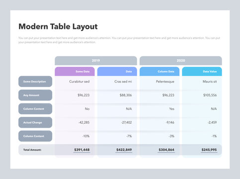 Modern table layout template with a total amount row. Easy to use for your website or presentation.