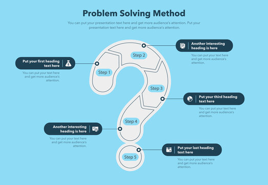 Problem solving process template with five steps and question mark as a main symbol - blue version.