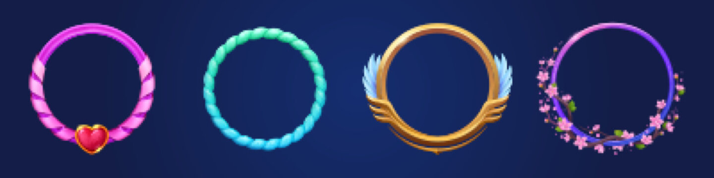 Fancy round avatar frames set isolated on background. Vector illustration of golden and glossy rings decorated with heart-shaped gemstone, wings, flowers. Collection of fantasy game ui elements