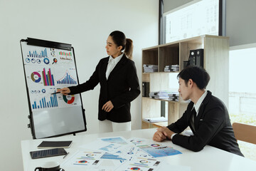 Technology and financial advisory services concert. Business teamwork and working on digital laptop computer with advisor showing plan of investment to clients at table office. Digital marketing.