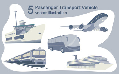 5 passenger transportation vehicle vector illustration. Passenger plane, train, cruise ship, passenger bus and ferry. Five passenger vehicle designs on transportation.