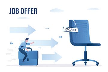 Job offer. Worker man sits on large briefcase and rushes quickly to new job. Giant vacant office chair, male applicant is moving to new vacancy.
