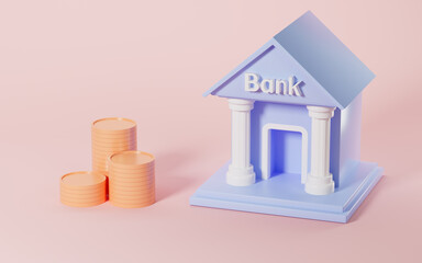 Coins and bank with pink background, bank deposit and withdrawal concept, 3d rendering.