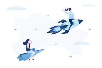 Businesswoman riding fast rocket, loser lady flying on paper plane. Business competition, leadership. Winner or competitive advantage to success in work, innovation and motivation concept.