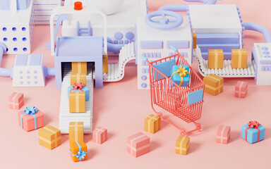 Cardboard boxes and gifts on the conveyor, shopping cart and gifts, logistics and shopping concept, 3d rendering.