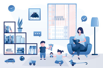 Kids plays in living room. Mother spending time with children. Small children play in toys. Room interior, furniture. Childcare, concept. Mom sitting on armchair and read book.