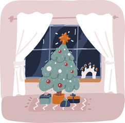 Vector illustration of Beautiful Christmas tree with a gold star and lights