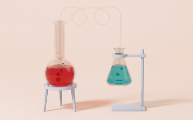 Flask and conical flask with pink background, 3d rendering.