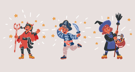 Vector illustration of little boy and girls celebrate halloween wear pirate costume