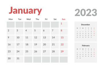 Calendar Template of january 2023. Vector layout simple calendar with week start monday.