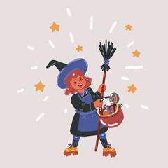 Vector illustration of little child girl in costumes having fun on Halloween celebration in witch image