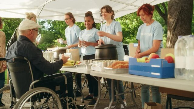Team of Volunteers Helping in a Local Community Food Bank, Handing Out Free Food to Low-Income People in a Park on a Sunny Day. Man with Disabilities Using Wheelchair is Thankful for Charity Meal.