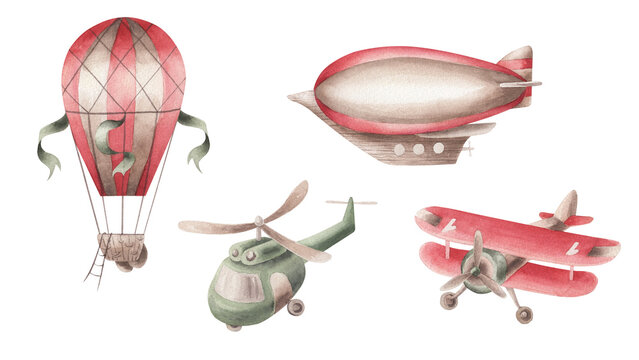 Watercolor air transport isolated. Watercolor balloons and plane.