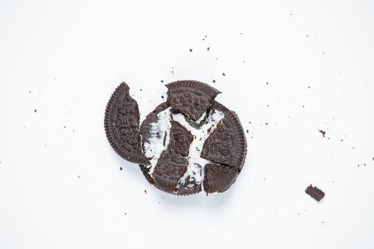 Zaporizhia Ukraine - July 20, 2022: Crushed Oreo Cookies On A White Background. Top View