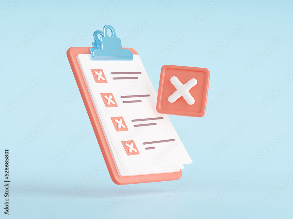 Aufkleber denied checklist, clipboard with paper notes with cross marks in list isolated on background. icon o