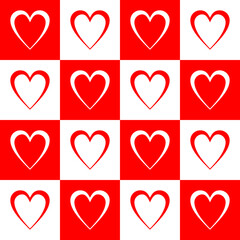 Seamless geometric pattern of hearts and squares. The pattern resembles a chess board.