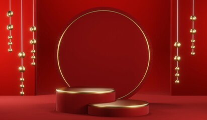 3D rendering of blank product background for cream cosmetics Modern red podium background