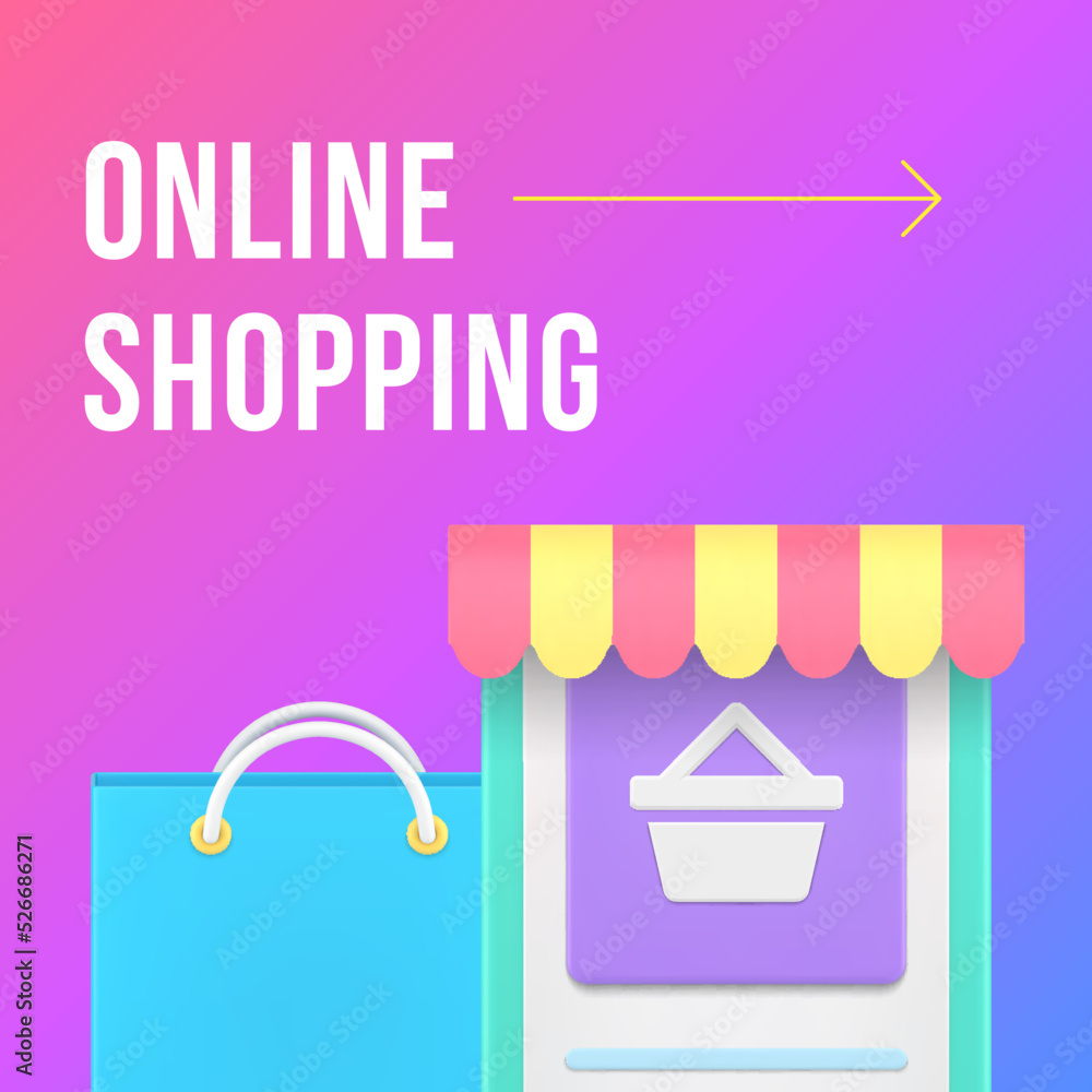 Poster online shopping smartphone application digital store user interface social media post 3d icon vector